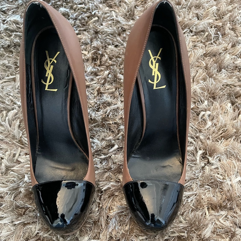 YSL Brown/Black YSL Two 105 Cap Toe Leather Platform Heals